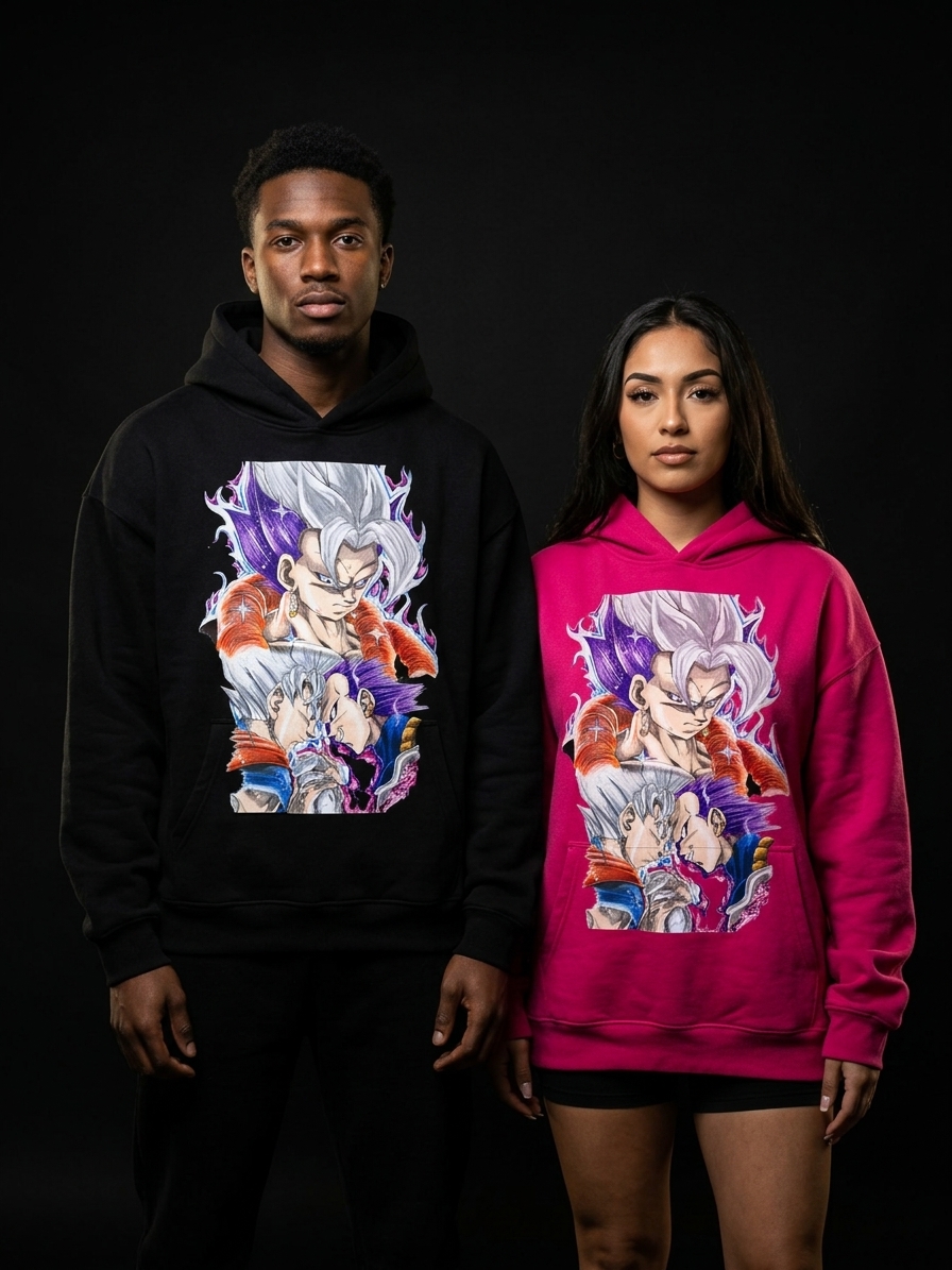 Models wearing original artwork on SUM GREATNESS hoodies