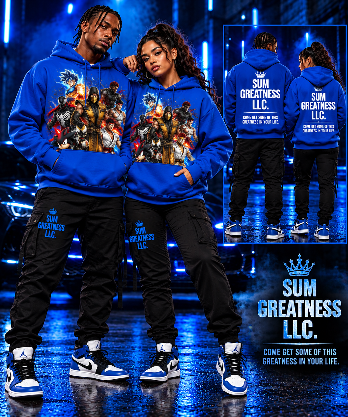 Blue SUM GREATNESS hoodies with artwork on the front and brand details on the back