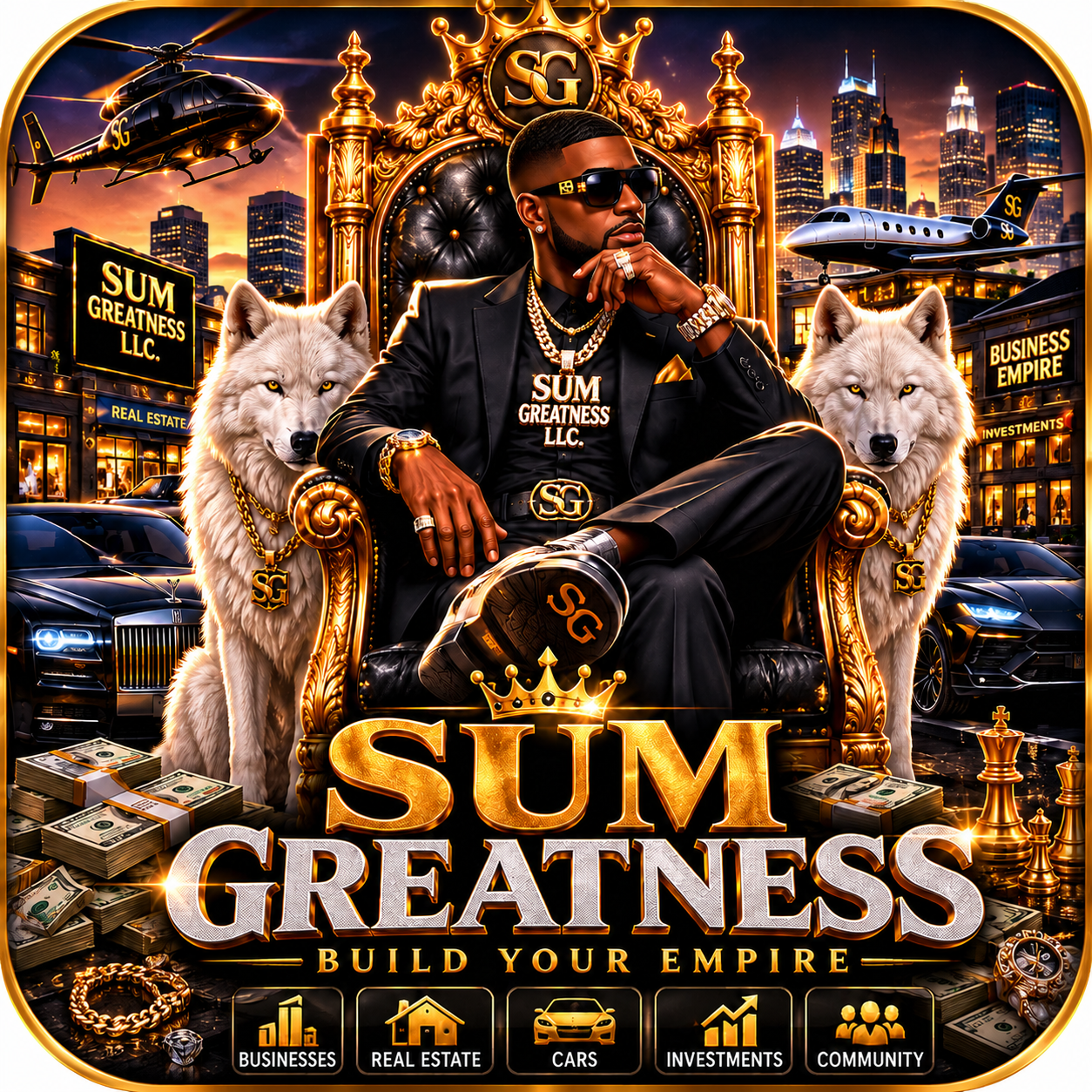 SUM GREATNESS: Build Your Empire game artwork featuring a figure on a throne with two white wolves