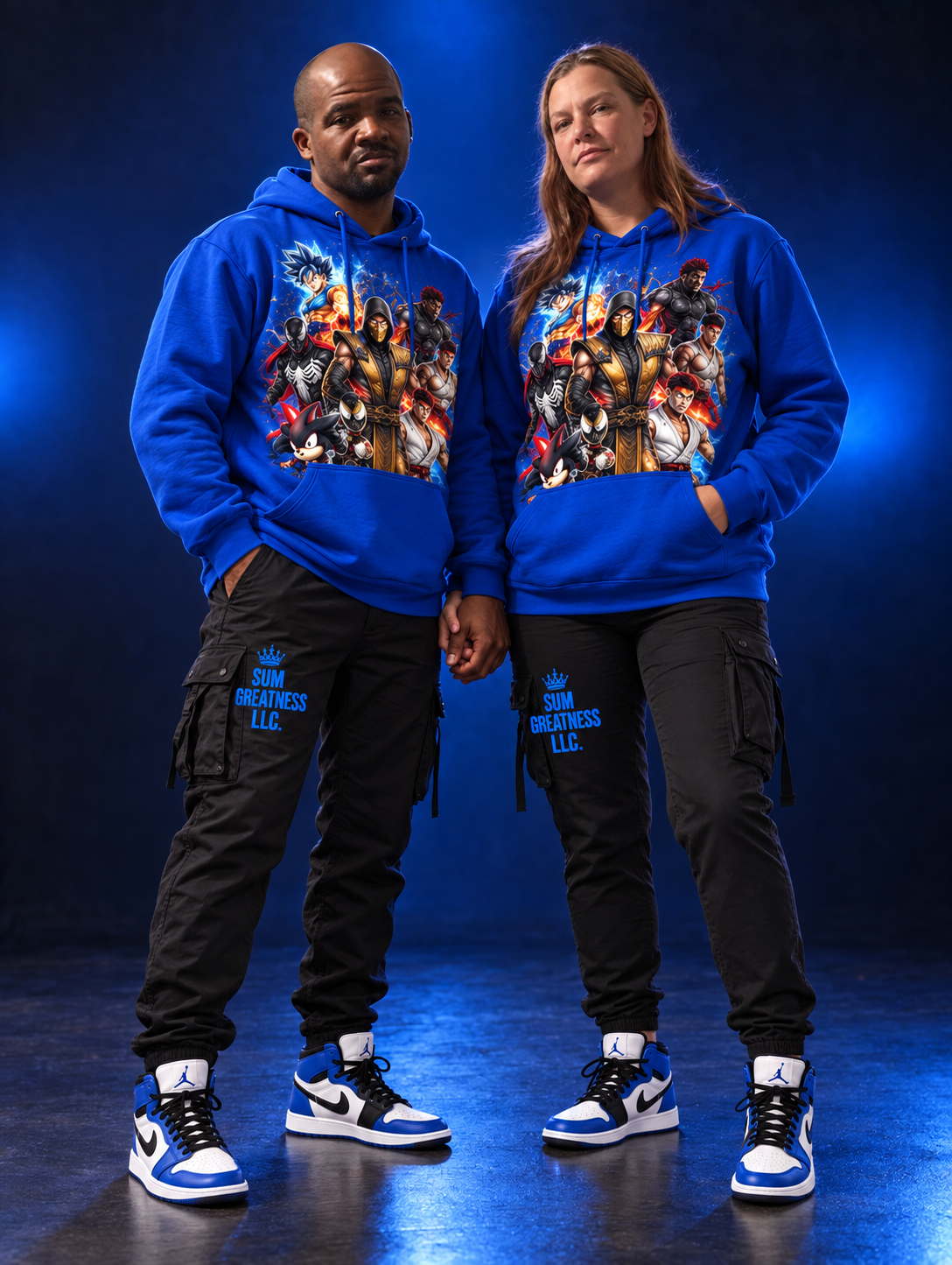 Kevin and his wife holding hands in blue artwork hoodies and matching sneakers