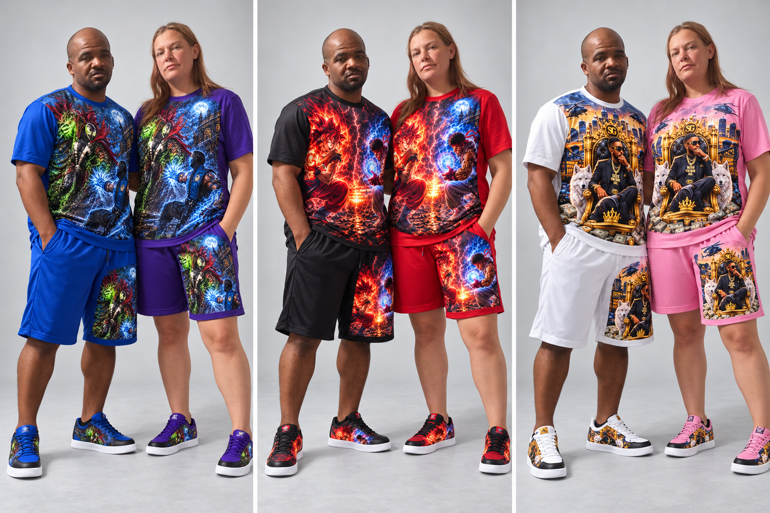 Kevin and his wife in blue and purple, black and red, and white and pink matching apparel sets