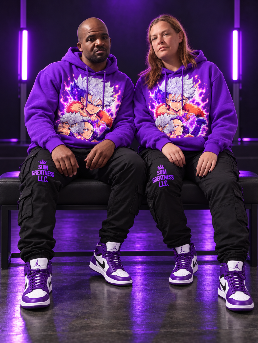 Kevin and his wife seated together in purple artwork hoodies with matching sneakers