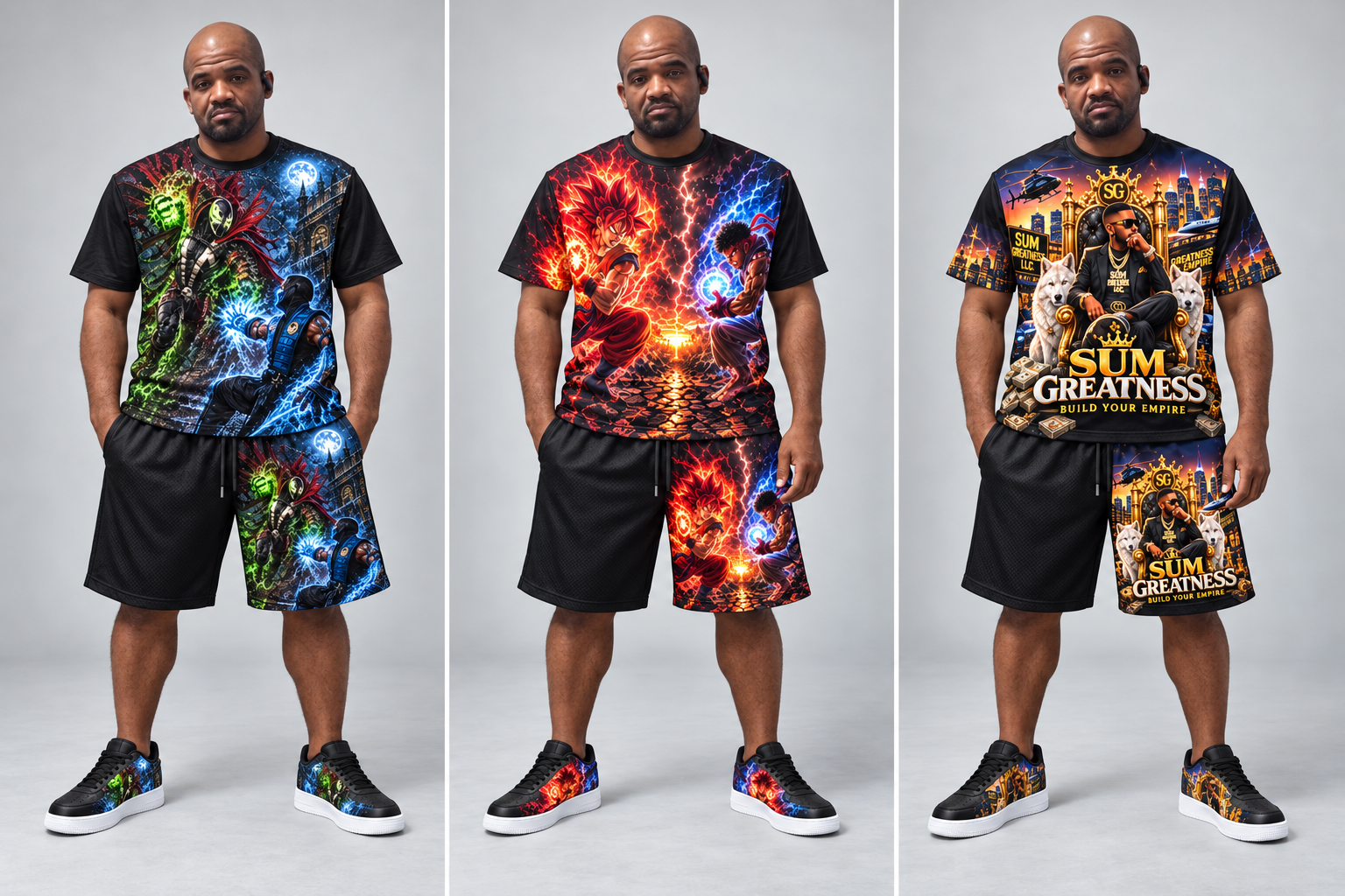 Kevin modelling three artwork T-shirt, shorts and sneaker sets