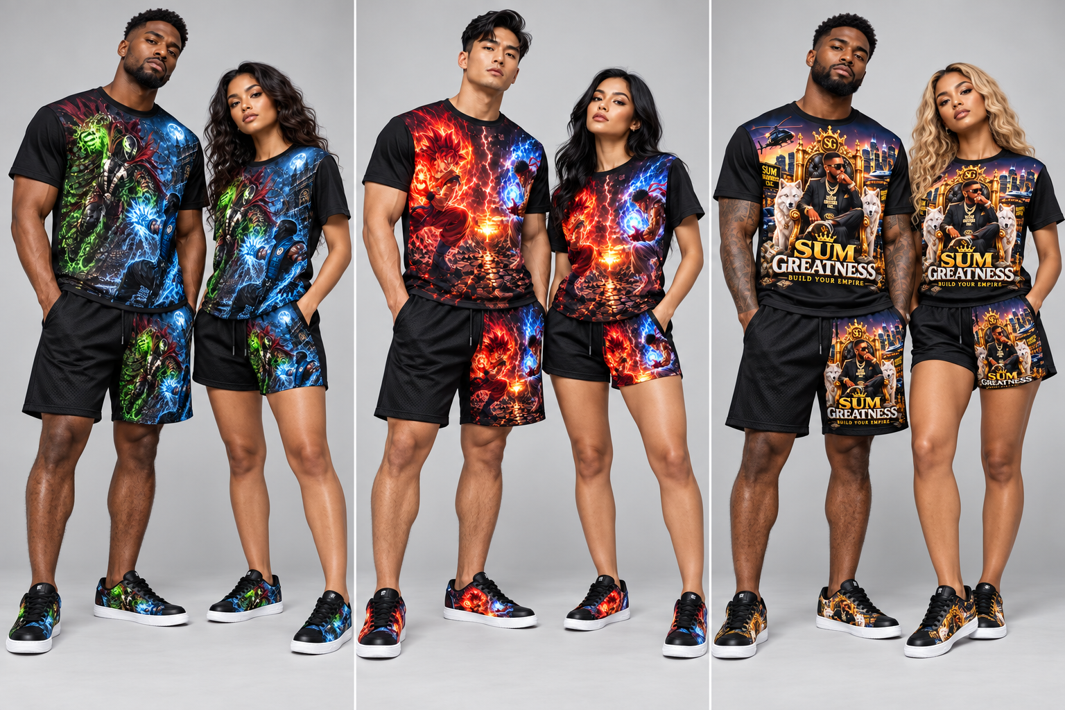 Three male and female model pairs wearing matching green-blue, red-blue and gold artwork outfits