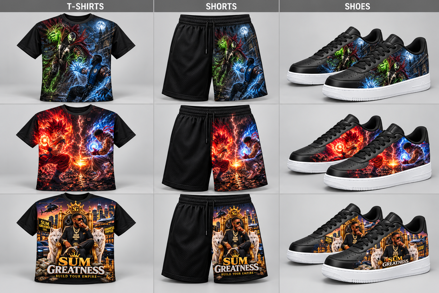 Individual T-shirts, shorts and sneakers for each of the three artwork collections