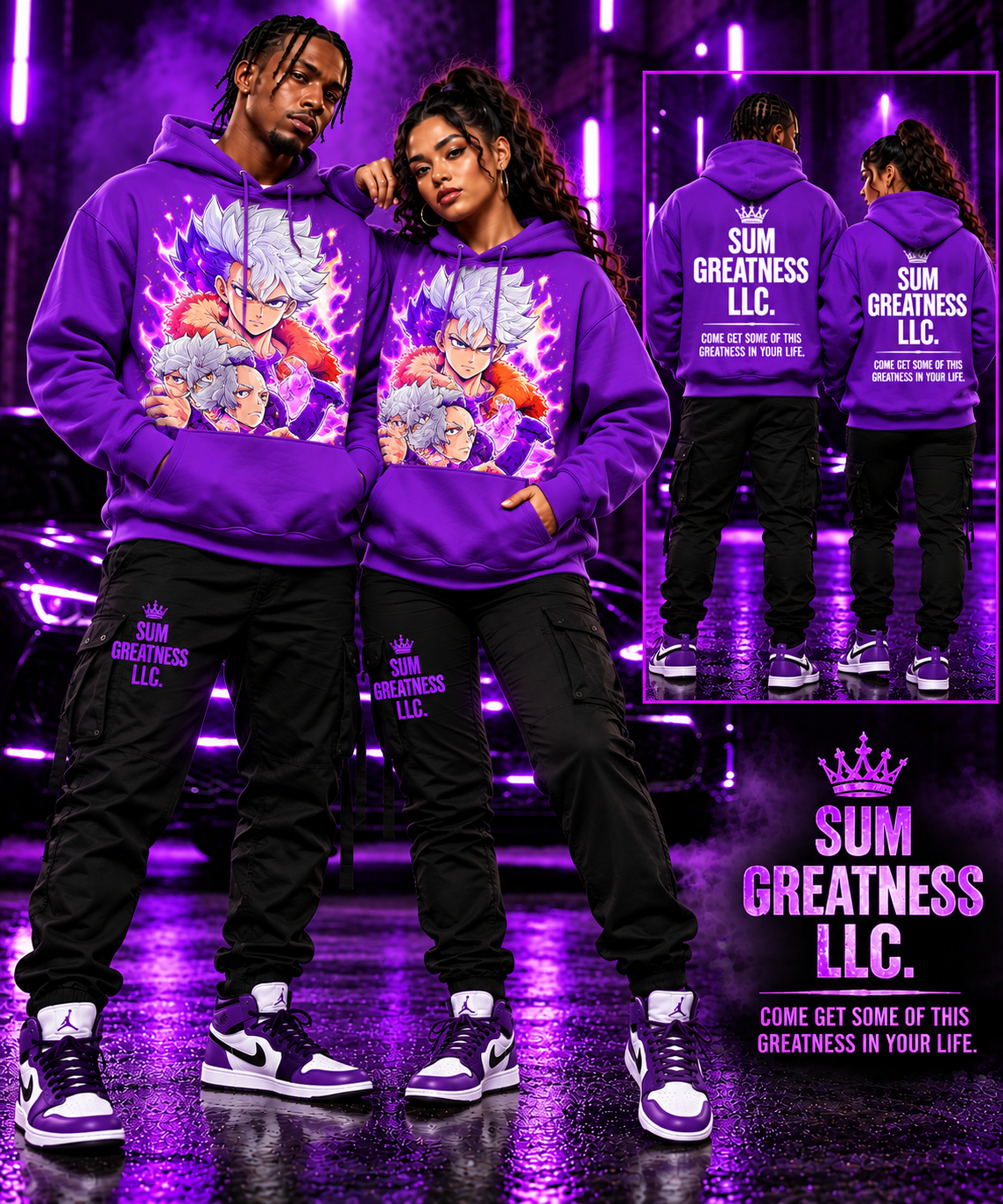 Purple SUM GREATNESS hoodies with artwork on the front and brand details on the back