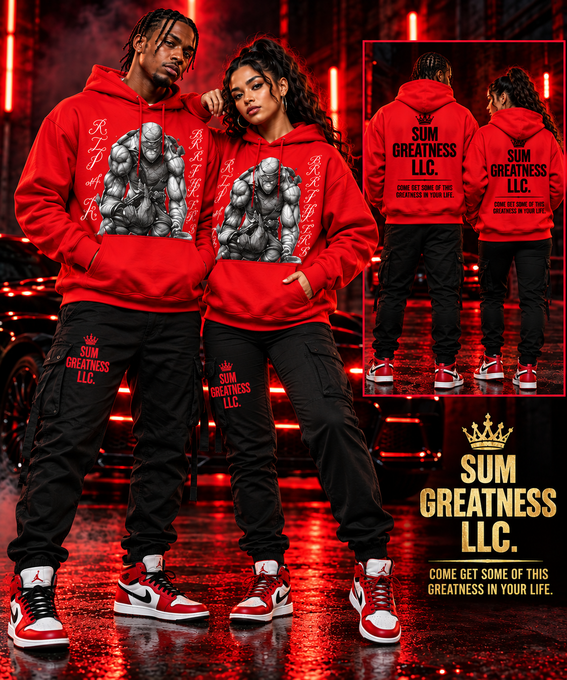 Red SUM GREATNESS hoodies with artwork on the front and brand details on the back