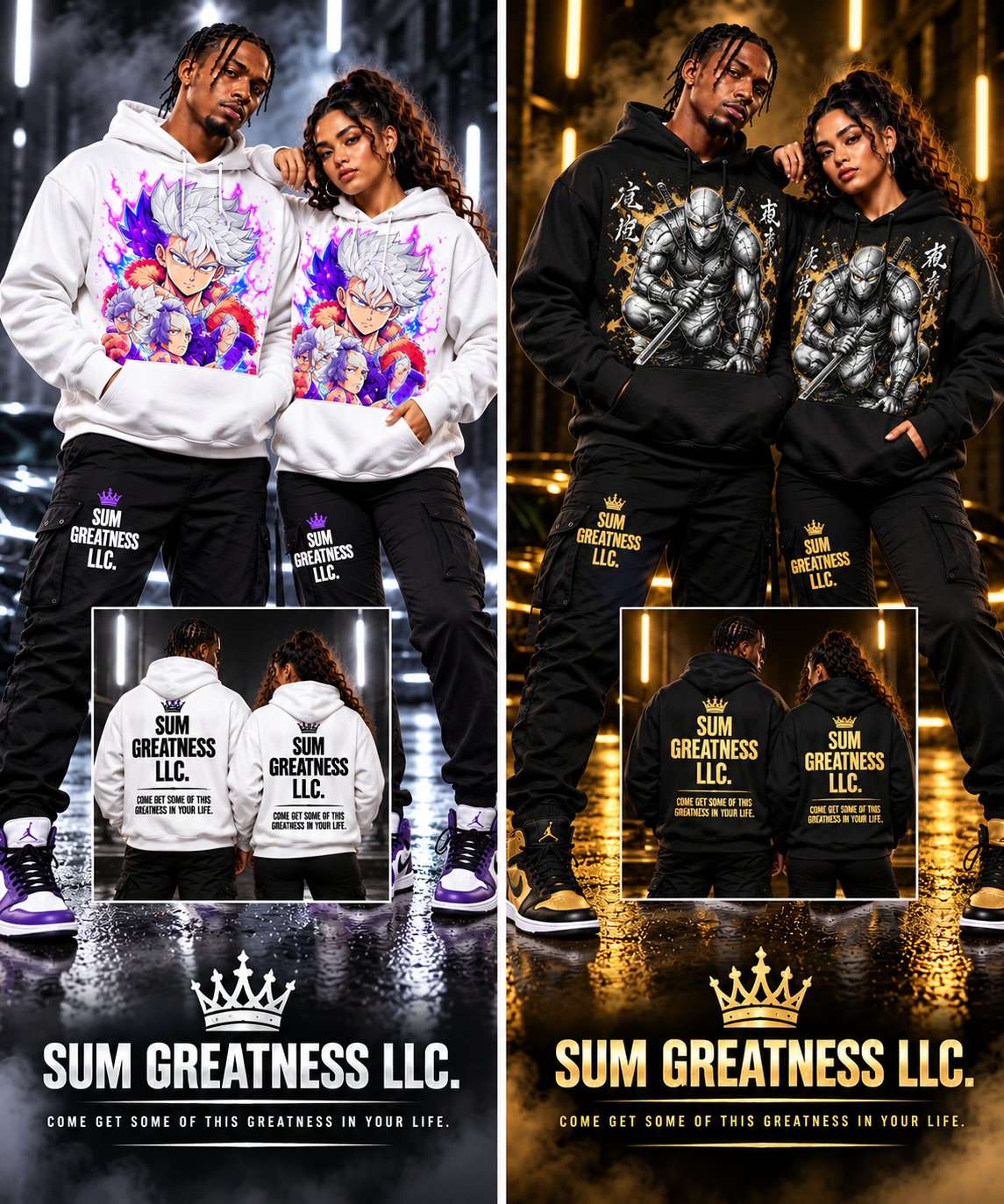 White SUM GREATNESS hoodies shown with front artwork and back branding