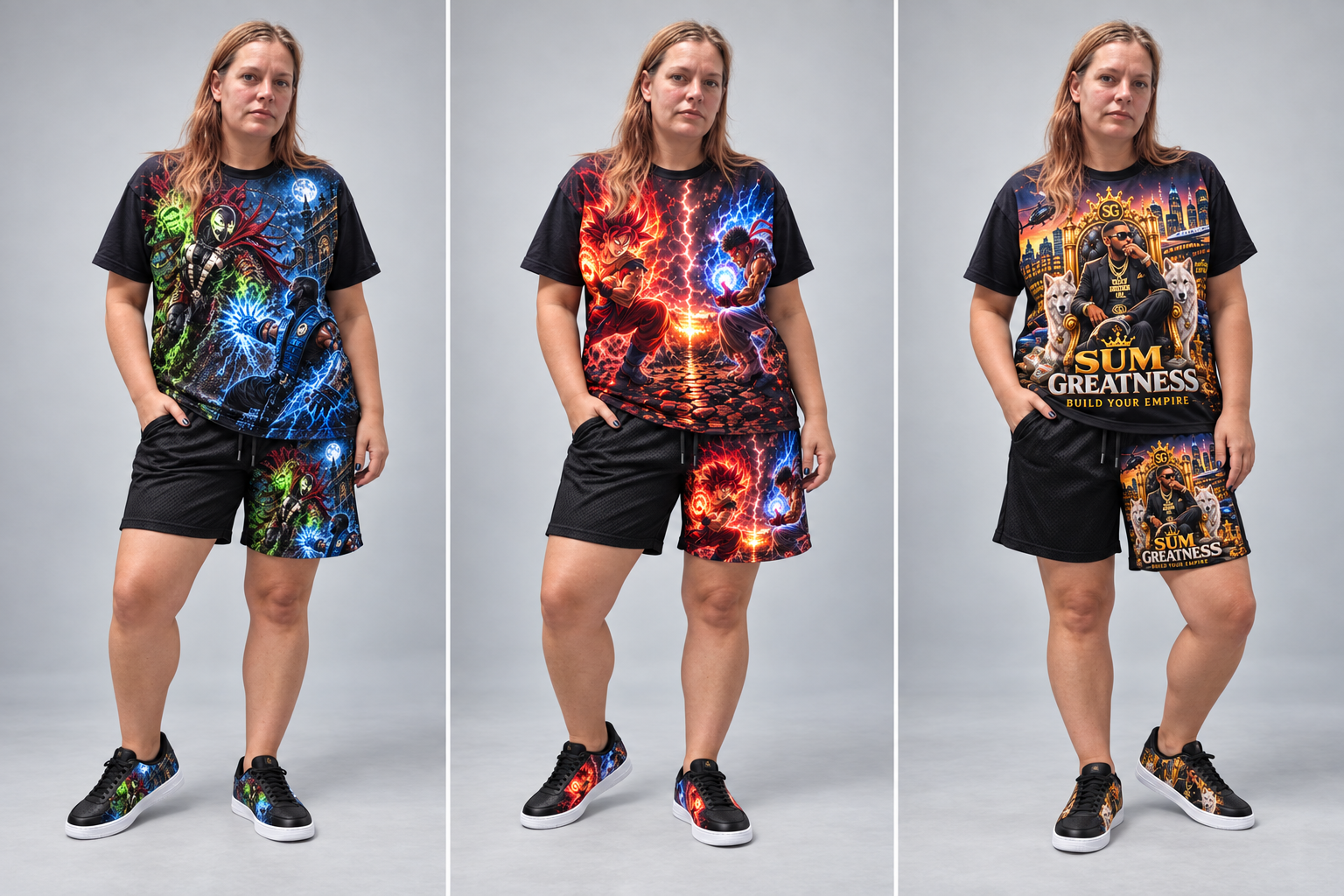 Kevin’s wife modelling three artwork T-shirt, shorts and sneaker sets